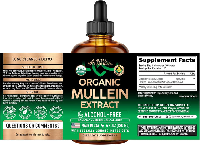 Mullein Drops for Lungs - USDA Organic Liquid - Mullein Leaf Extract Supplement - for Women & Men - Lung & Bronchial Cleanse for Smokers - Respiratory Health Support - As Tincture, Tea, Pills - 4 oz