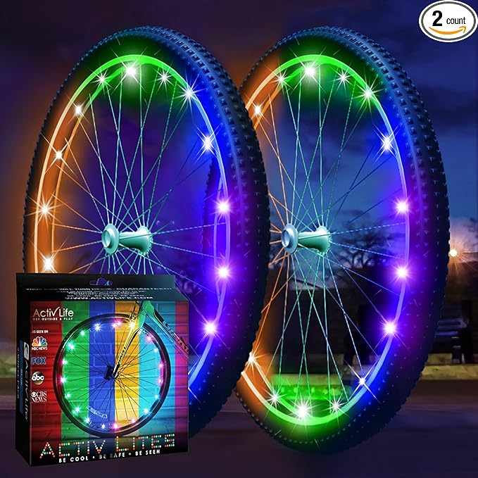 Activ Life 2-Tire Pack LED Bike Wheel Lights with Batteries Included, Get 100% Brighter and Visible from All Angles for Ultimate Safety and Style