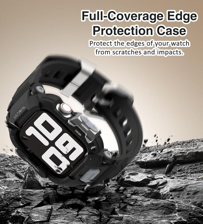 ULTIMAL Rugged Case with Band for Apple Watch Band Series 42mm 11/10, Military Grade Shockproof Bumper Cover, Full Protective Shockproof for iWatch Case with Band Men Women (Black)