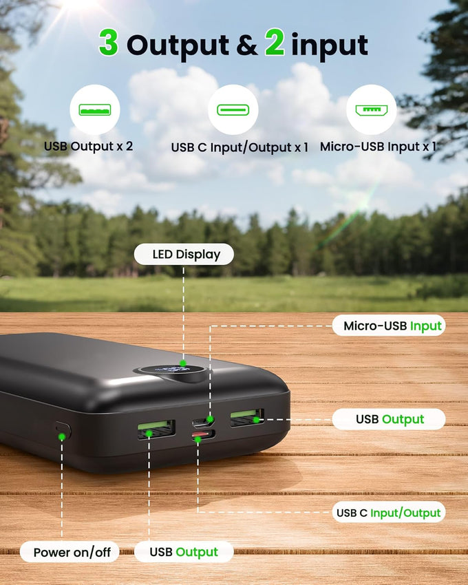 Portable Charger Power Bank 50000mAh 22.5W Fast Charging USB C Battery Bank External Battery Pack Digital Display Phone Charger with 3 Output & 2 Input for iPhone 17/16/15/14/13/12, Samsung etc Black
