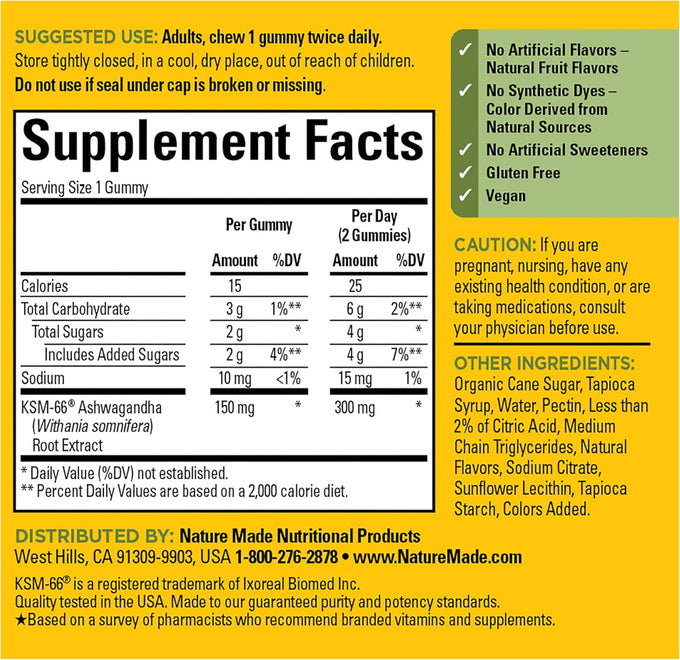 Nature Made Ashwagandha Gummies, Vegan, KSM 66 Ashwagandha Supplement for Stress Support, 60 Count