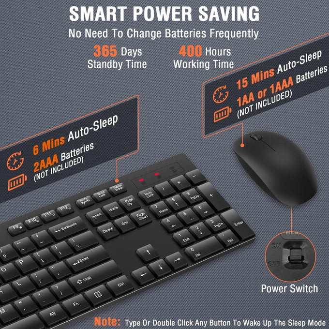 Wireless Keyboard and Mouse Combo, EDJO Silent Full Size Cordless USB Keyboard Mouse, 2.4GHz Lag-Free, Long Battery Life, for Computer, Laptop, PC, Chromebook, Windows (Black, 1 Pack)