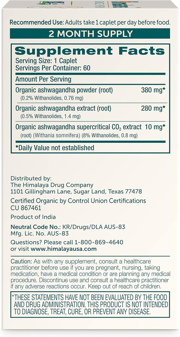Himalaya Organic Ashwagandha Root, 2 Month Supply - Herbal Adrenal Support Supplements for Stress Relief and Energy Support - USDA Organic, Non-GMO, Vegan, Gluten Free, 670 mg, 60 Caplets