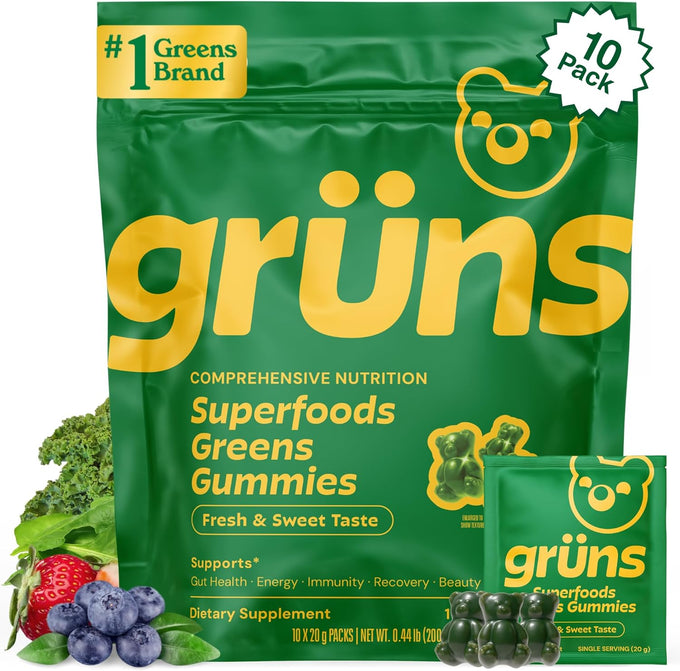 Gruns Adults Super Greens Gummies, Multivitamin Superfood Gummy Bears, Spirulina, Chlorella, Prebiotics & Fiber Gummies for Digestive Health, Adaptogens Supplement, 20 Vitamins & Minerals, 10 Count