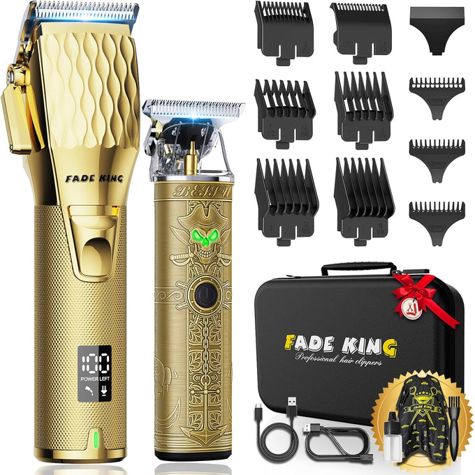 FADEKING Professional Hair Clippers & Beard Trimmer Set for Men – Cordless Barber Clippers with LCD Display, Precision Trimmer & Travel Case – Gifts for Men Husband Father (Gold + Bronze)