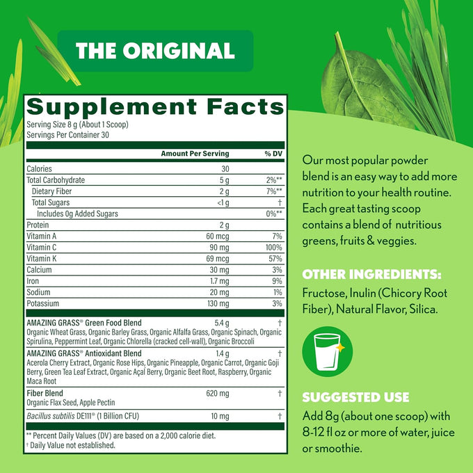 Amazing Grass Super Greens Powder, Organic, Greens Superfood Powder, Smoothie Supplements, Supports Digestion, Probiotics, Spirulina, Beet Root, Original, 30 Servings, 8.5 Ounce (Packaging May Vary)