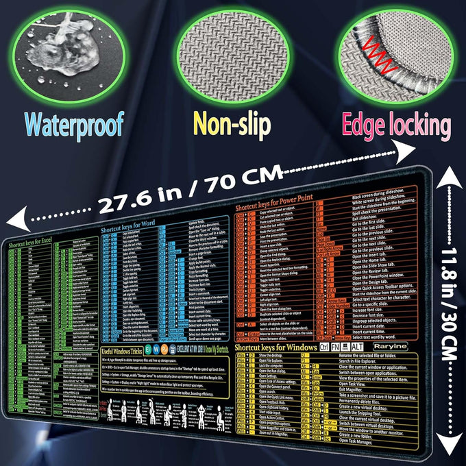 Excel/Word/Power Point/Windows Mouse pad,Non-Slip&Waterproof Large Gaming Office pc Desk mat,Over 200 Keyboard Shortcuts Mousepad(27.6L x 11.8W inches)