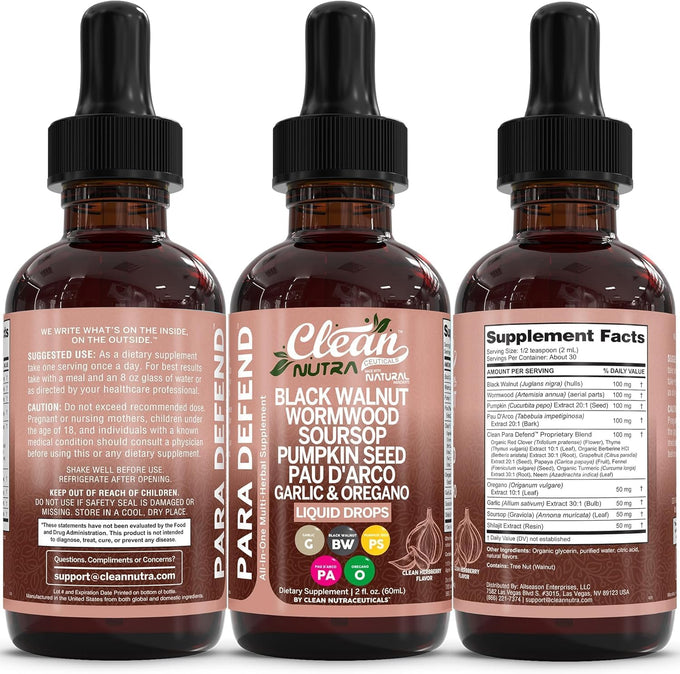para Defend Wormwood Black Walnut Cleanse for Humans Drops Liquid Soursop Garlic Pumpkin Seed PAU D'Arco Oil of Oregano Turmeric Berberine Neem Extract Hull Bark Tincture by Clean Nutra
