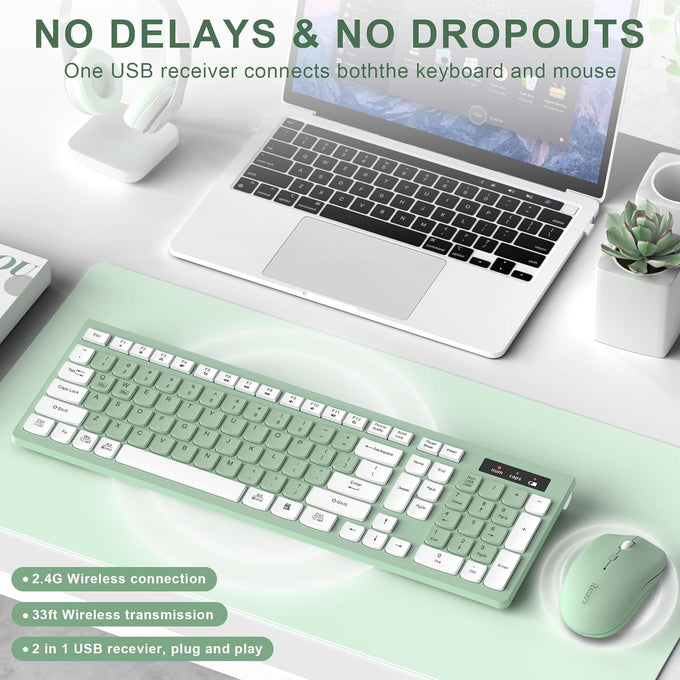 Wireless Keyboard and Mouse Combo, Full-Sized Wireless Keyboard and Adjustable DPI Mouse, 2.4GHz USB Receiver, Silent Keyboard and Mouse for PC, Windows, MAC, Desktop, Laptop (Avocado Green)
