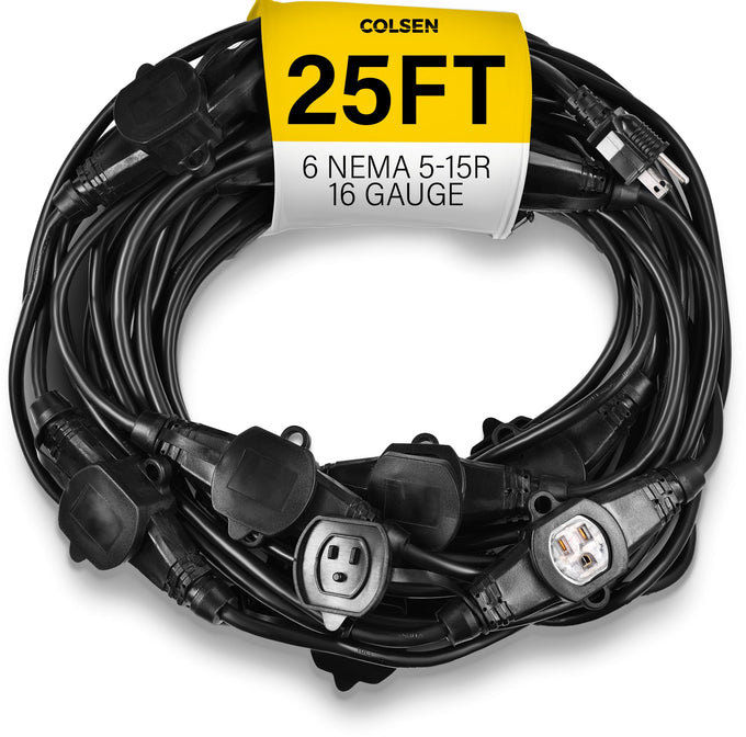 COLSEN Extension Cord with Multiple Outlets – 25 ft Heavy Duty 16 Gauge Power SJTW Cable, 15 Amp 3 Prong 6 NEMA Multi Plug, 16 AWG Male to Female Connector, 5-15R Female Socket, Outdoor/Indoor Black