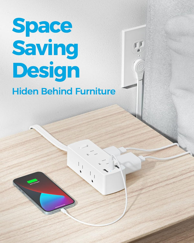Power Strip Surge Protector, Olcorife Ultra Thin Flat Plug Extension Cord 5ft, 6 Outlets 3 USB Ports(1 USB C), 3 Sided Outlet Extender for Home Office Travel Dorm Room Essentials, White