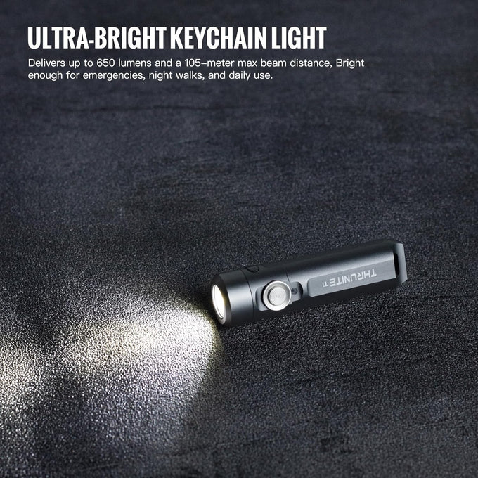 ThruNite Ti Mini Keychain Flashlight, USB-C Rechargeable EDC Pocket Light, Bright 650 Lumens Small Keychain Gadget for Camping, Everyday Carry, Indoor Outdoor Use (Grey Cool White)