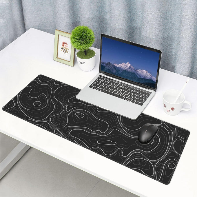 Large Gaming Mouse Pad Black Topographic Contour Mouse Pad Extended XL Long Mousepad Big Desk Mat with Stitched Edges & Nonslip Rubber Base for Company Office Work, 31.5 X 11.8 Inch