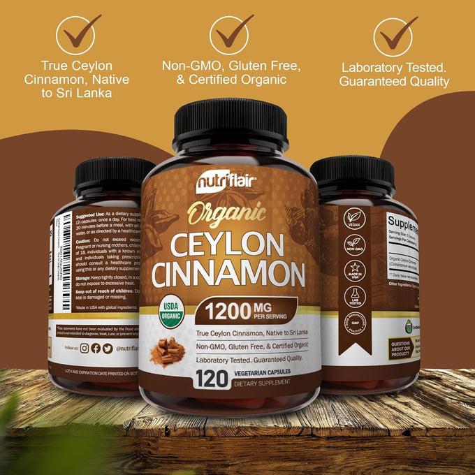 NutriFlair Organic Ceylon Cinnamon Supplement 1200mg, 120 Capsules - USDA Certified - Non-GMO, Gluten Free Powder, Antioxidant Pills