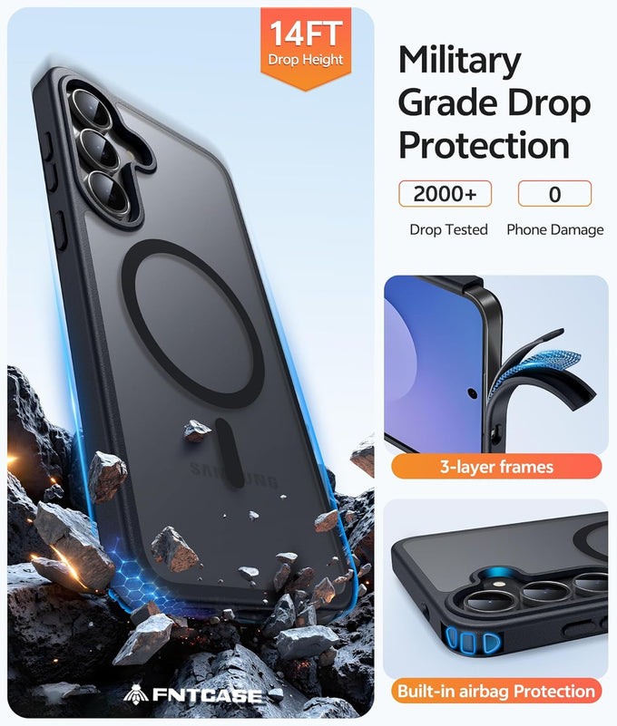 FNTCASE for Samsung Galaxy S25 FE Case: Magnetic Translucent Matte Military Grade Drop Proof Protection Cell Phone Cover - Slim Rugged Durable Shockproof Protective S25Fe Cases (Black-6.7 inch)