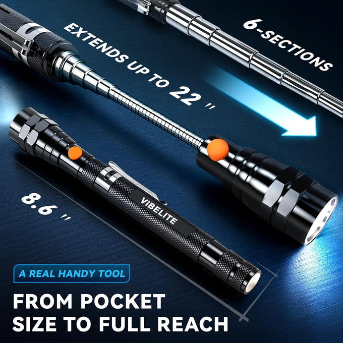 VIBELITE Extendable Magnetic Flashlight with Telescoping Magnet Pickup Tool- Cool Gadget Valentines Day Gifts for Him, Men, Teen Boys, Husband, Dad, Father, Mechanic, Women, Black