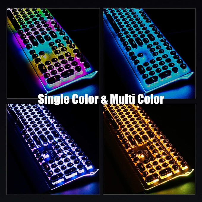 RK ROYAL KLUDGE S108 Typewriter Keyboard, Retro Mechanical Gaming Keyboard Wired 108 Keys with RGB Backlit Sidelight, Detachable Wrist Rest, Round Keycaps Blue Switches - Black