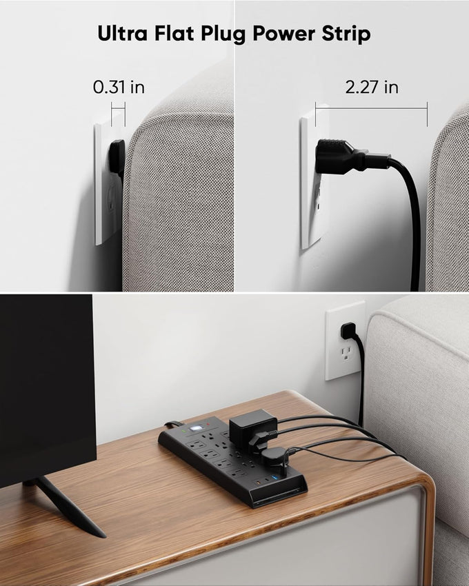 Surge Protector Power Strip 4800J, LeZone 10Ft Long Extension Cord Flat Plug, 12 Outlets 2 USB C 2 USB Ports, Wall Mountable, 20W Desk Charging Station, Black