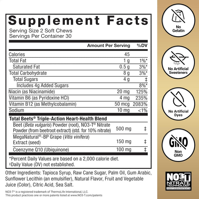 Force Factor Total Beets Heart Health Chews with Beetroot Powder, CoQ10, and B Vitamins