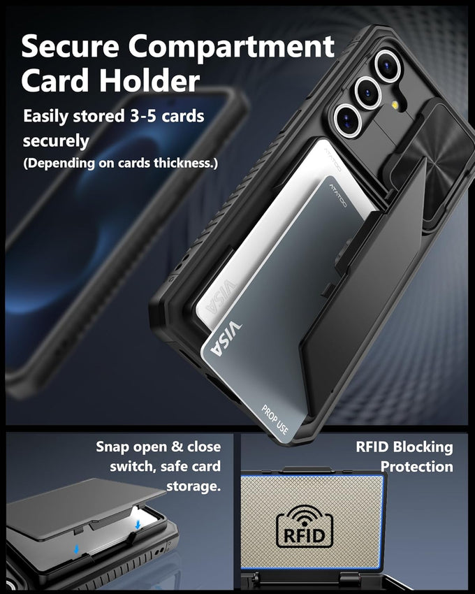 ATATOO for Samsung Galaxy S25 FE Case Wallet, Built-in Card Holder (3-5 Cards) [RFID Blocking] & Slide Camera Cover, Military Grade Protection, Rugged Phone Case for Galaxy S25 FE 6.7" 2025, Black
