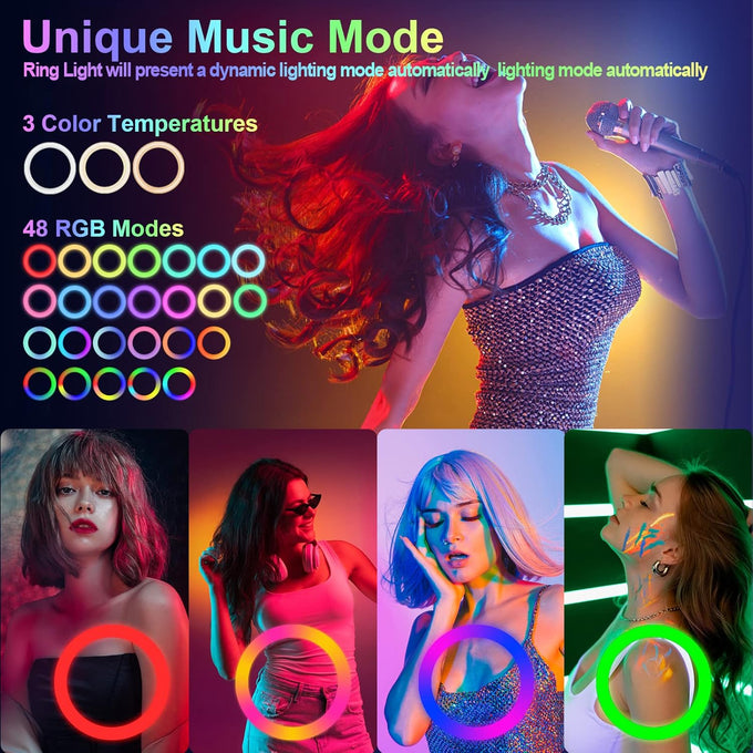 10" Selfie Ring Light with 73" Tripod Stand & 1 Phone Holder, LED Camera Ringlight with 48 RGB Colors Modes & Musical Rhythm Mode and 12 Brightness Dimmable for TikTok/Makeup/Photography/Vlog