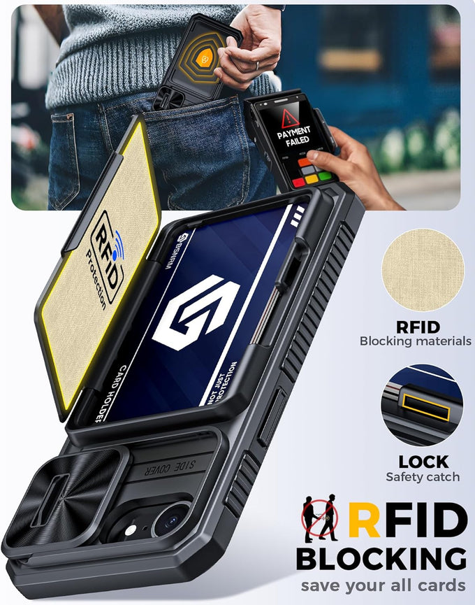 for iPhone 17e Case/iPhone 16e Case Wallet, Built-in Card Holder (4-5 Cards), RFID Blocking,Camera Control Button, Slide Camera Cover, Shockproof Rugged Phone Case for iPhone 17e/16e, Black
