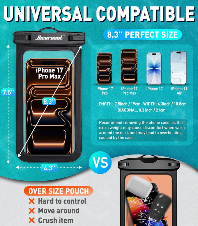 Hiearcool Waterproof Phone Pouch, IPX8 Waterproof Phone Case for iPhone 17/16/15/14 Pro Max, Cell Phone Dry Bag for Beach & Cruise Essentials, Touch Screen, Lanyard Included, 2 Pack (Fits Up to 8.3”)
