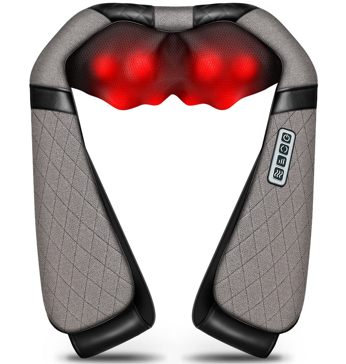 Blue Elf Shiatsu Neck & Back Massager with Heat – 3D Electric Kneading Massage Pillow for Full Body Relaxation (Gray, Home, Office & Car Use)