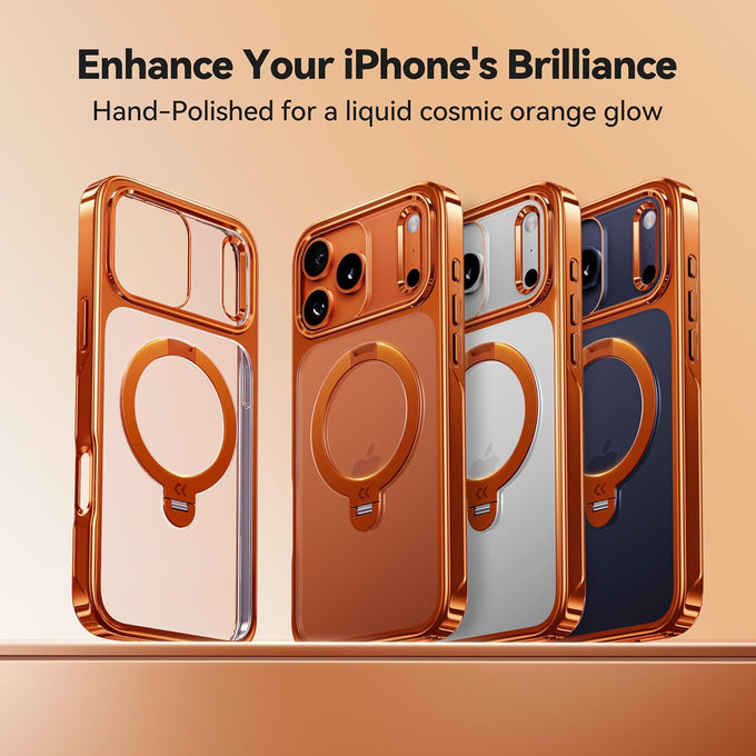 CASEKOO 360 Spin Magnetic Stand for iPhone 17 Pro Max Case [Fit for MagSafe][17FT Military Protection] Slim Hand-Polished Frame Titanium Alloy Sturdy Stand 6.9", Glossy Cosmic Orange