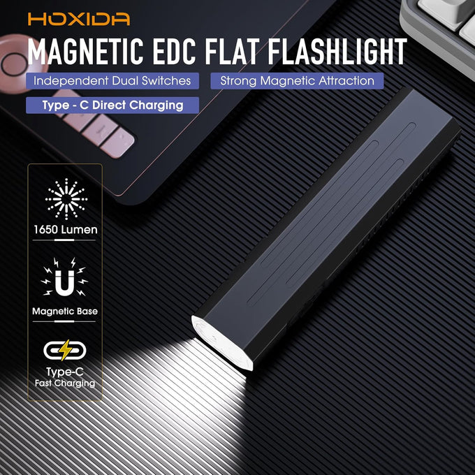 2pack Rechargeable EDC Flashlight - Emergency One Click Strobe Mode, 1600 High Lumens Portable Pocket light Mini Flashlight , Magnetic Small EDC Slim Flat Flashlight for Working Camping Repairing