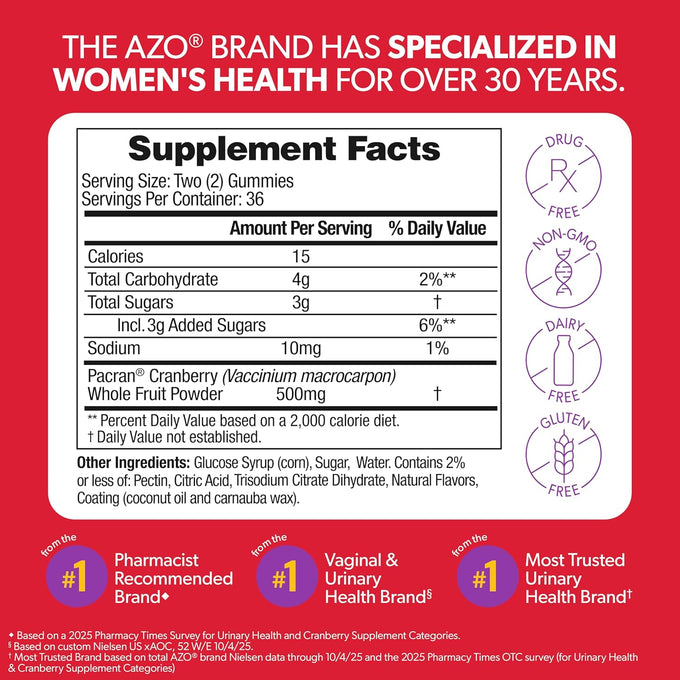 AZO Cranberry Urinary Tract Health Gummies Dietary Supplement, 2 Gummies = 1 Glass of Cranberry Juice, Helps Cleanse & Protect, Natural Berrylicious Flavor, Non-GMO, 72 Gummies