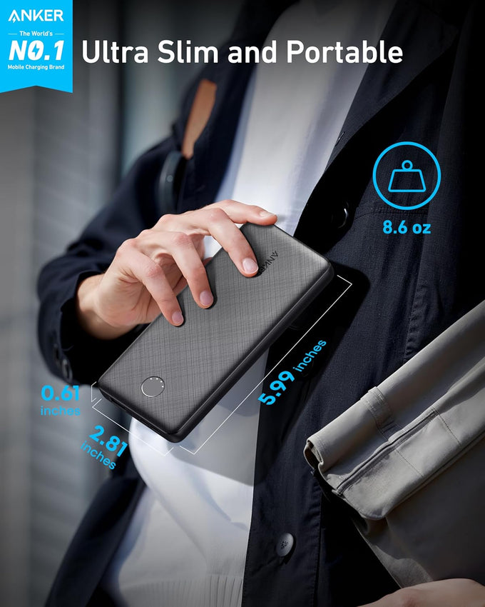 Anker Power Bank(PowerCore 10K), Compact Travel-Ready 10,000mAh Battery Pack with PowerIQ Charging Technology, 5V/3A High-Speed Charging for iPhone, iPad,and More(USB-C Input and Output(Black), 1pack)
