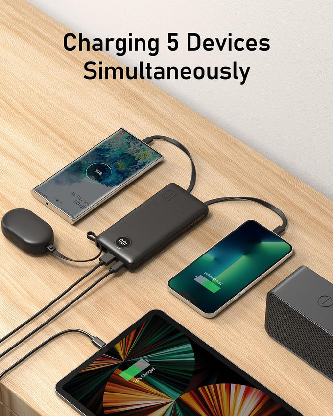 VEEKTOMX 10000mAh Portable Charger with Built-In Cables – Fast USB-C Power Bank for iPhone & Samsung