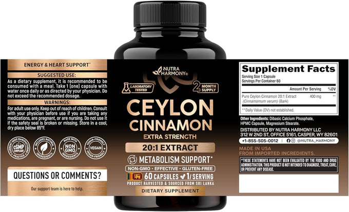 Ceylon Cinnamon Capsules - Extra Strength - 20:1 Extract Supplement