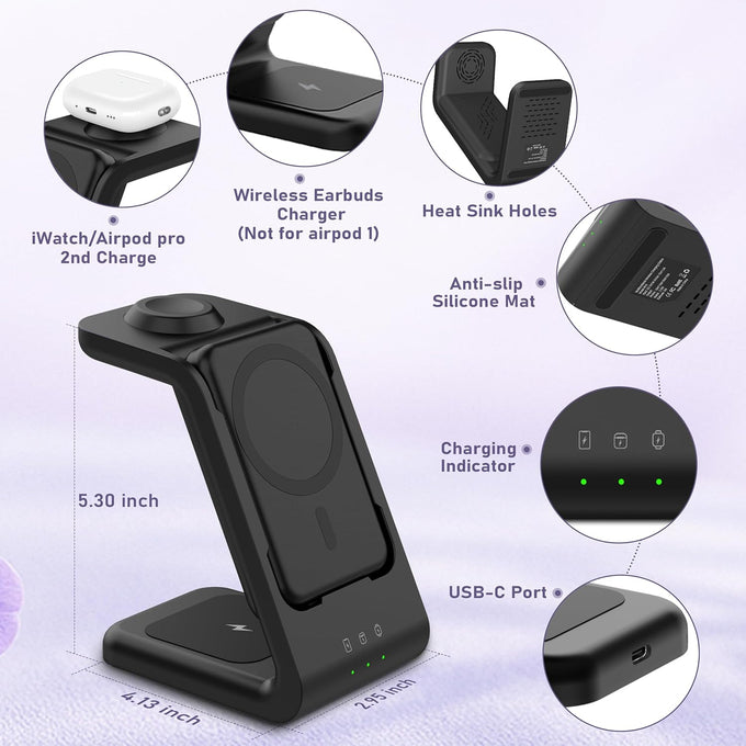 3 in 1 Wireless Charging Station: 5000mAh Removable Power Bank Charger Stand for Phone/Watch/Air Pods - Portable Magnetic Battery Pack for Air 17 16 15 14 13 12 Series