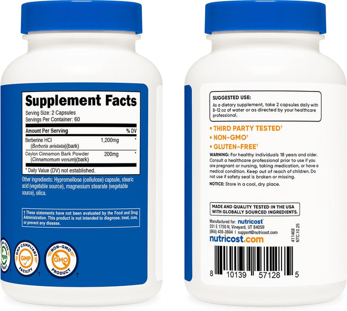Nutricost Berberine HCl with Ceylon Cinnamon Capsules 120 Count