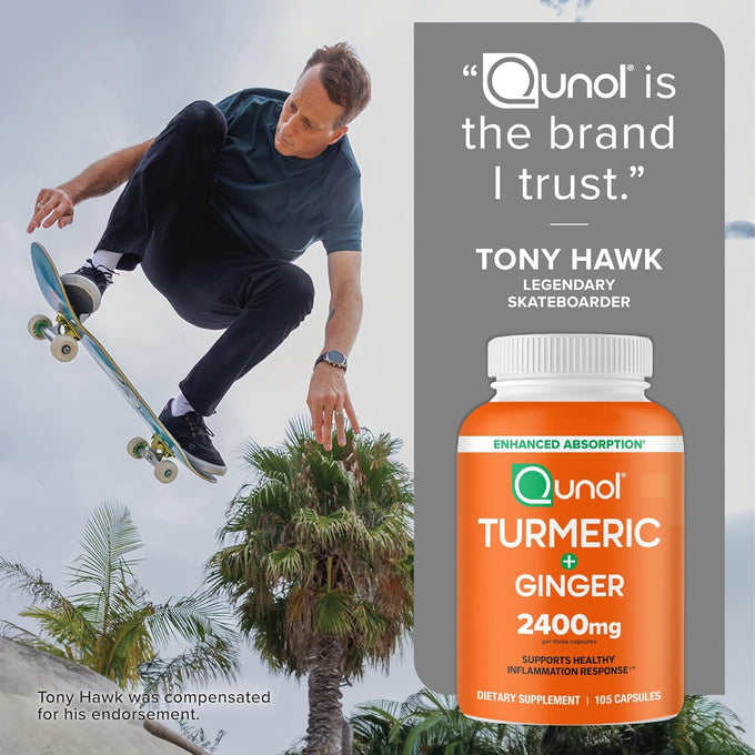 Qunol Turmeric Curcumin with Black Pepper & Ginger, 2400mg Turmeric Extract with 95% Curcuminoids, Extra Strength Supplement, Enhanced Absorption, Joint Support Supplement, 105 Count