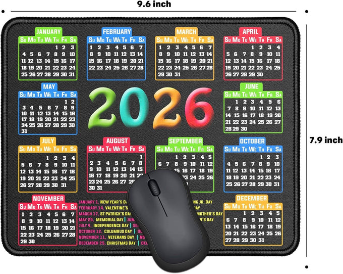 Mouse Pad with Stitched Edge, Computer Mouse Mat with Non-Slip Rubber Base, Mouse Pads for Computers Laptop Mouse 9.6x7.9x0.1 inch, (2026 Calendar Black)