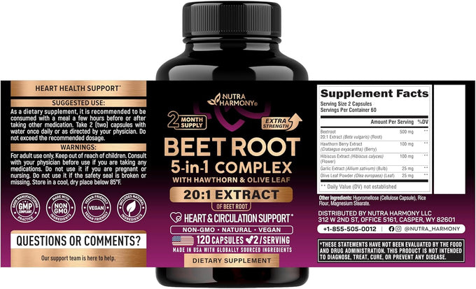 Beet Root 5-in-1 Complex Capsules - Healthy Blood Pressure Support Supplement** for Heart & Circulation Support - Olive Leaf, Hawthorn Berry & Hibiscus - for Men & Women - Lab Tested - 120 Capsules