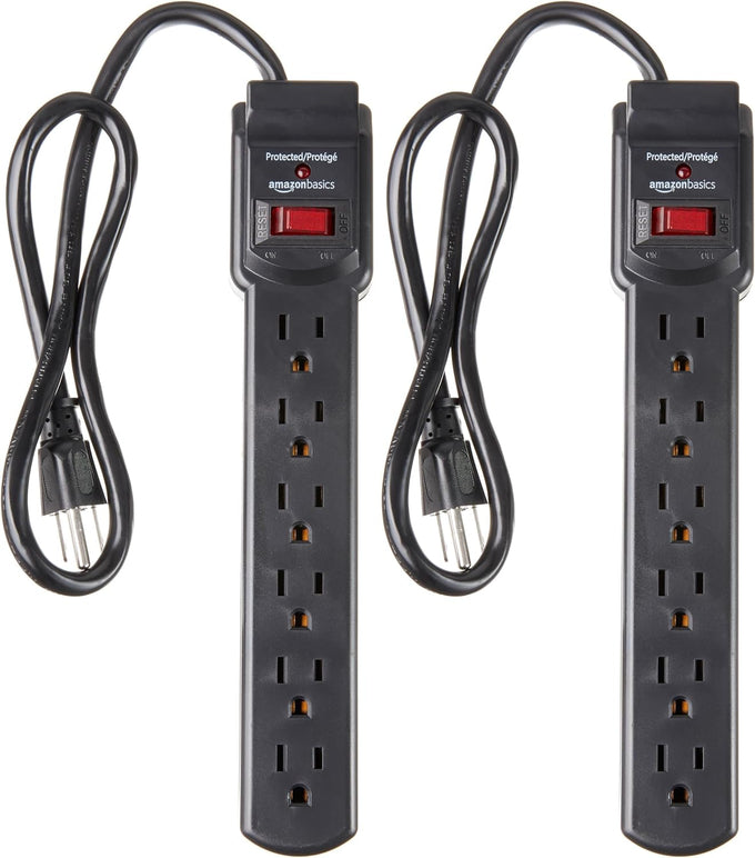 Surge Protector Power Strip, 6-Outlet with 200J Protection, 2ft Extension Cord, Rectangle, Black (2 Pack)