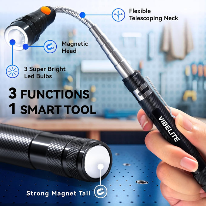 VIBELITE Extendable Magnetic Flashlight with Telescoping Magnet Pickup Tool- Cool Gadget Valentines Day Gifts for Him, Men, Teen Boys, Husband, Dad, Father, Mechanic, Women, Black