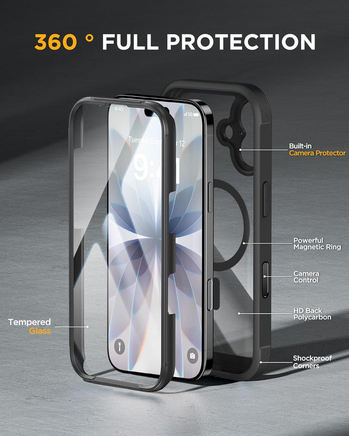 Miracase for iPhone 17 Case 6.3'', Full-Body Bumper Military Drop Protection Outdoor Phone case with Built-in Glass Screen &Camera Control,Easy Installation,No Gap,Compatible with MagSafe,Black