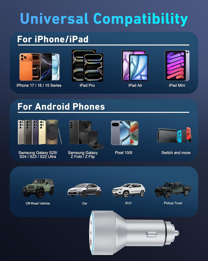 WODENTA for iPhone 17/16/15 Pro Max Car Charger, 67W 3-Port Fast USB C Car Charger Power Cigarette Lighter Adapter with 3FT USB C to C Cable for iPhone 17/17 Pro/Air/16/15 Pro Max/Plus/16e, iPad
