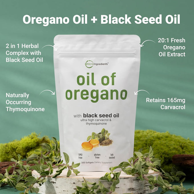 Micro Ingredients Oil of Oregano Softgels, 300 Count | 2 in 1 Formulated with Black Seed Oil | 4X Strength Carvacrol & Thymoquinone | Plant Based, Non-GMO
