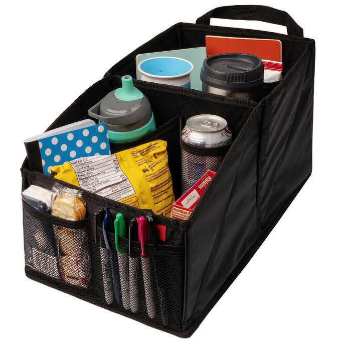 Lusso Gear Car Seat Organizer - Built-In Car Cup Holders & Mesh Pockets - Foldable Back Seat Organizer with Handles - Kids Road Trip Essentials - 9 Compartments, Black Oxford
