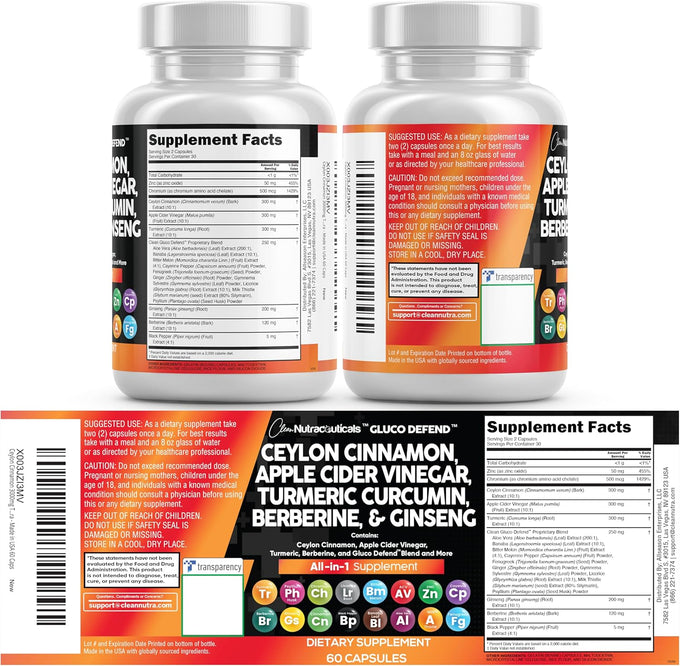 Clean Nutraceuticals Ceylon Cinnamon Capsules with Berberine Turmeric and Apple Cider Vinegar Supplement