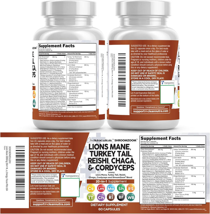 Clean Nutraceuticals Lions Mane 20in1 Mushroom Supplement with Turkey Tail Reishi Cordyceps Chaga Maitake Meshima Poria Cocos Shiitake Oyster Porcini Enoki - 1 Pack