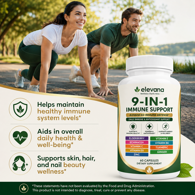 Elevana 9-in-1 Immune Support Supplement – Elderberry, Echinacea, Vitamin C, D3, Zinc, Vitamin E, B6 & Antioxidant Support – 60 Capsules