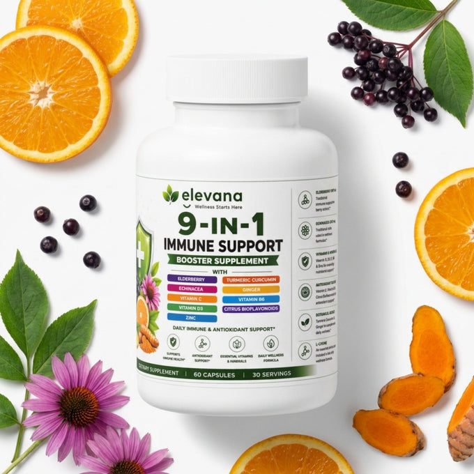 Elevana 9-in-1 Immune Support Supplement – Elderberry, Echinacea, Vitamin C, D3, Zinc, Vitamin E, B6 & Antioxidant Support – 60 Capsules